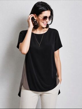 Ecru Silk Short Sleeve Blouse, black with camel contrast